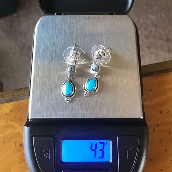 Sleeping Beauty Turquoise White Buffalo Sterling Silver Dangle Earrings - Picture 4 of 6
